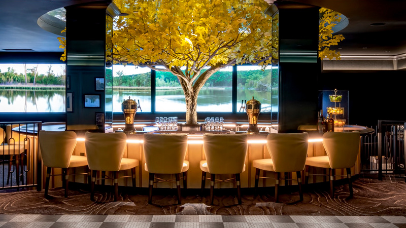 A faux cottonwood tree and landscape photography bring biophilic elements into The Cottonwood Bar at the Kimpton Cottonwood Hotel.