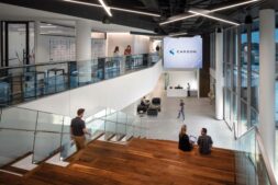 Carson headquarters design main lobby, sit-stair and video wall